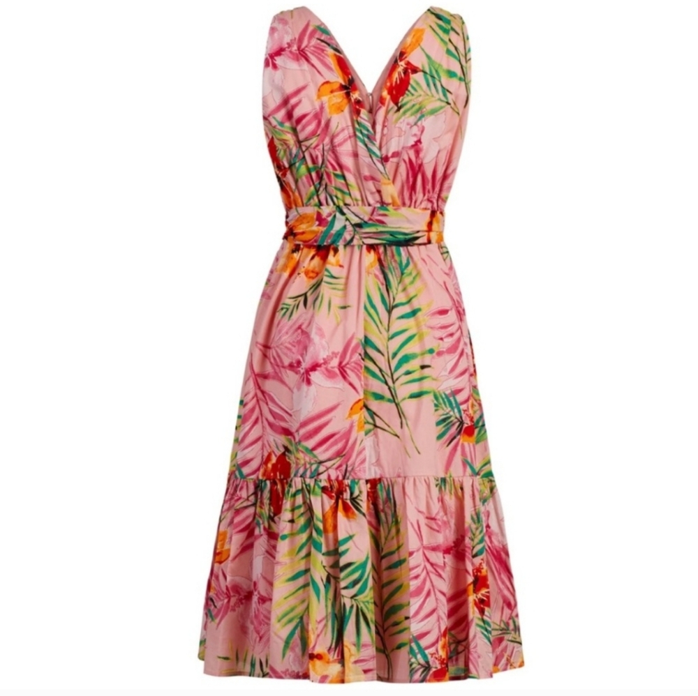 NEW YORK & COMPANY Tropical Floral Print Dress Coral Pink Green Size S - Picture 3 of 6